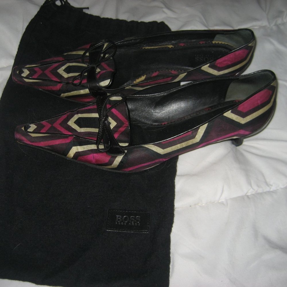 HUGO BOSS KITTEN HEEL SHOES GEOMETRIC LEATHER & TEXTILE LEATHER SZ 39 - 9M